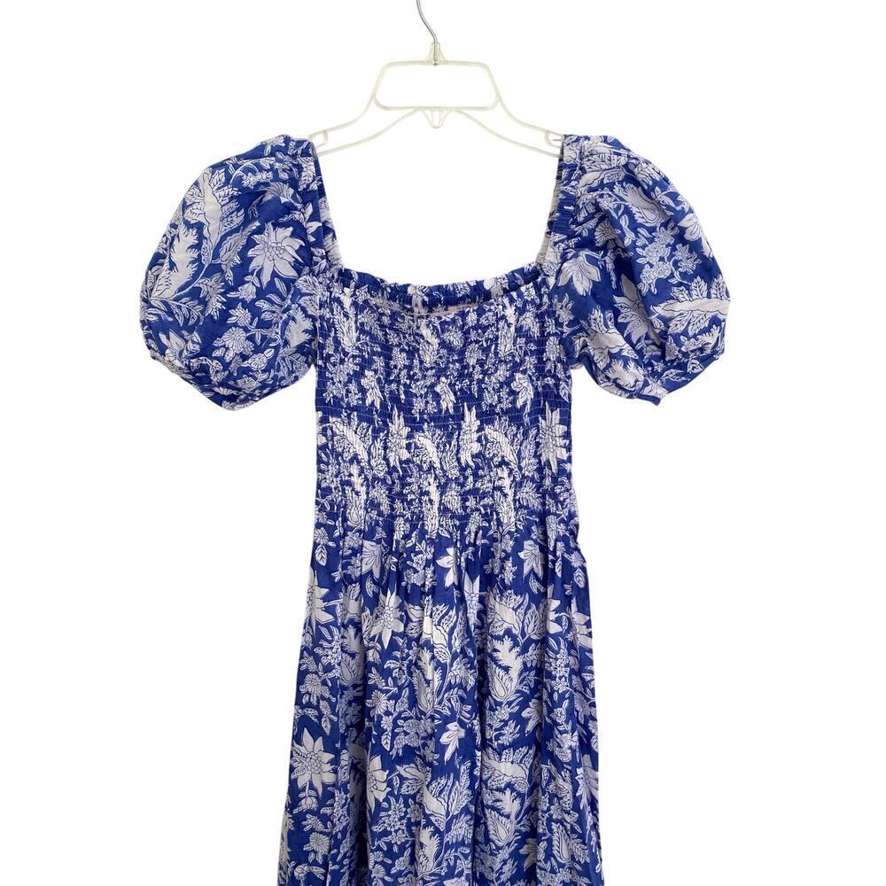 Mary Marshmallow Poppy Long Blue Block Print Smocked Puff Sleeve Midi Dress - Picture 3 of 6